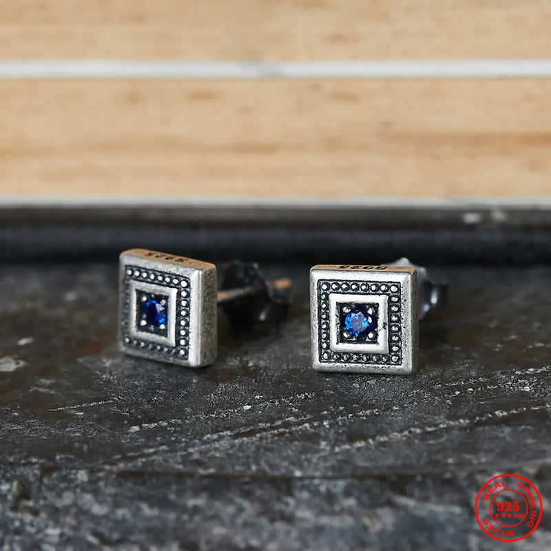925 Silver Zircon Stud Earrings Retro Square Gothic Style