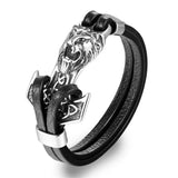 Men Bracelet Stainless Steel Anchor Lion Leather Wristband Jewelry