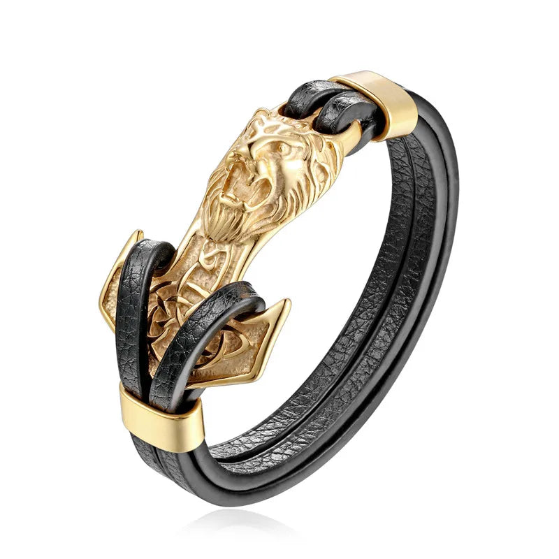 Men Bracelet Stainless Steel Anchor Lion Leather Wristband Jewelry