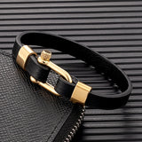 Men Women Stainless Steel U-Shaped Biker Leather Bracelet