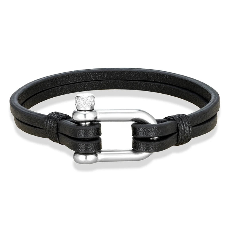 Men's Leather Bracelet Double Strand Stainless Steel Clasp