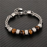 Stainless Steel Chain Bracelet Tiger Eye Stone Beads Unisex