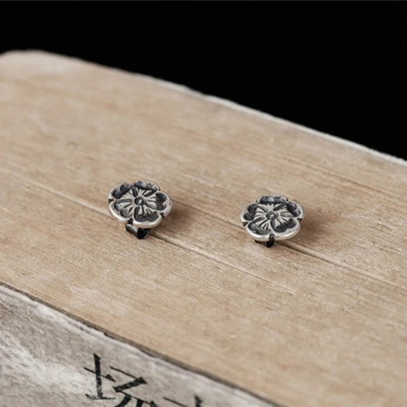 Medieval Rose Flower Stud Earrings Sterling Silver Bijoux