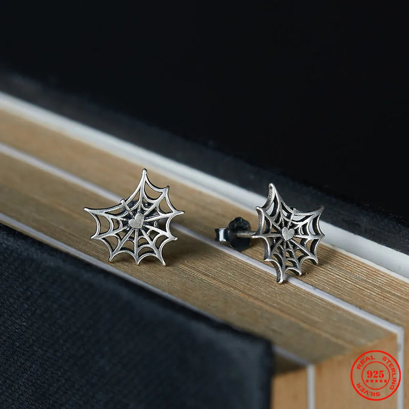 925 Silver Spider Web Stud Earrings Gothic Style
