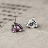 925 Silver Dragon Claw Garnet Stud Earrings Vintage Jewelry