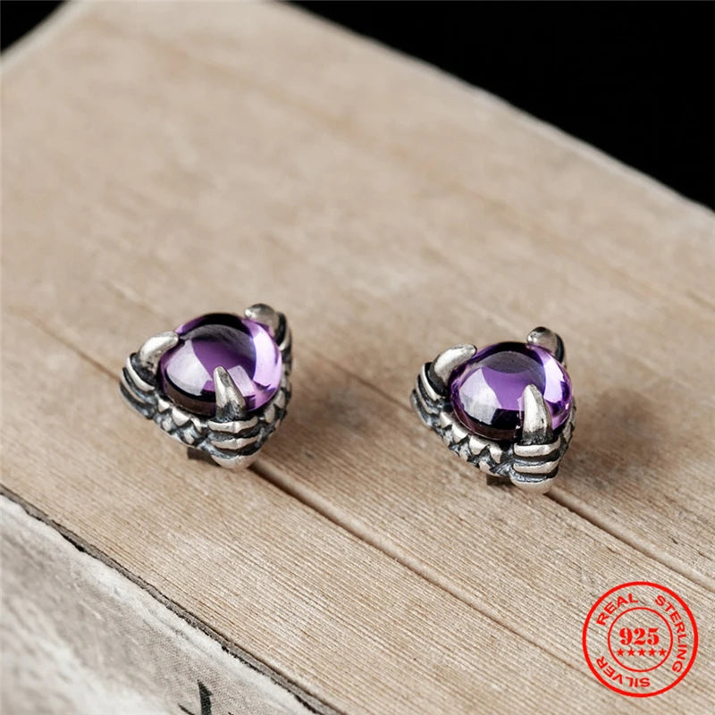 925 Silver Dragon Claw Garnet Stud Earrings Vintage Jewelry