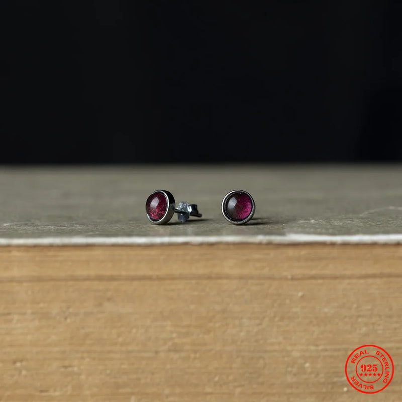 925 Sterling Silver Vintage Round Stud Earrings with Wine Stone
