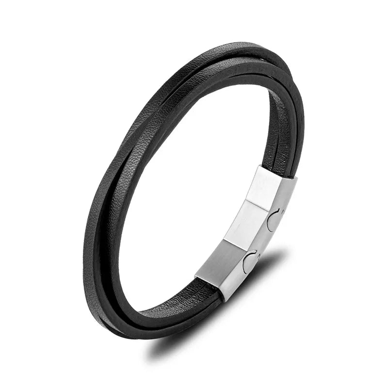 Leather Bracelet Coffee Multilayer Rope Chain Stainless Steel Magnet