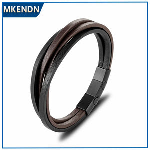 Leather Bracelet Coffee Multilayer Rope Chain Stainless Steel Magnet