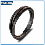 Leather Bracelet Coffee Multilayer Rope Chain Stainless Steel Magnet