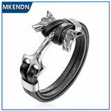 Stainless Steel Men Bracelet Double Wolf Shackles Charm Leather Bracelet