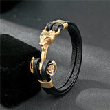 Stainless Steel Men Bracelet Double Wolf Shackles Charm Leather Bracelet