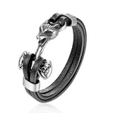 Stainless Steel Men Bracelet Double Wolf Shackles Charm Leather Bracelet