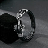Stainless Steel Men Bracelet Double Wolf Shackles Charm Leather Bracelet