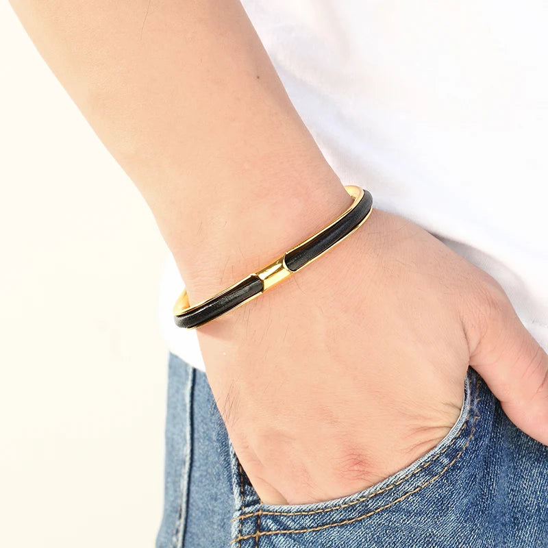 Vintage Silver Leather Cuff Stainless Steel Bracelet for Men