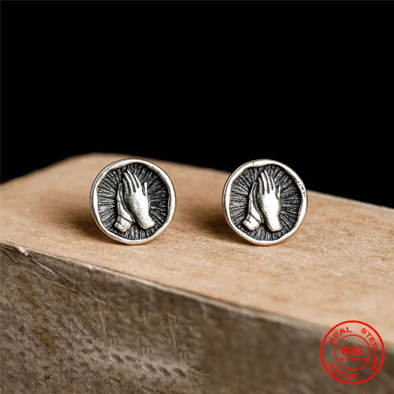 925 Silver Retro Devout Hands Stud Earrings Religious Belief Jewelry