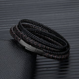 Men Double Layer Leather Bracelet Matte Steel Button Hand-woven Jewelry