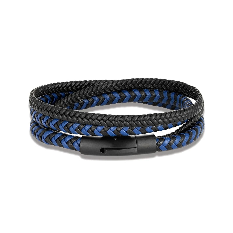 Men Double Layer Leather Bracelet Matte Steel Button Hand-woven Jewelry