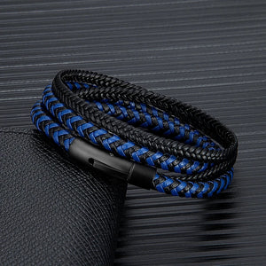 Men Double Layer Leather Bracelet Matte Steel Button Hand-woven Jewelry