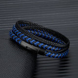 Men Double Layer Leather Bracelet Matte Steel Button Hand-woven Jewelry