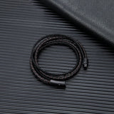 Men Double Layer Leather Bracelet Matte Steel Button Hand-woven Jewelry