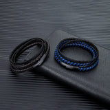 Men Double Layer Leather Bracelet Matte Steel Button Hand-woven Jewelry