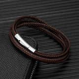 Men Women Layer Braid Rope Leather Bracelet Stainless Steel Button