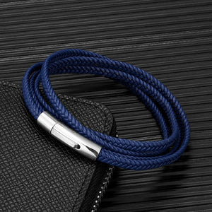 Men Women Layer Braid Rope Leather Bracelet Stainless Steel Button