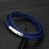 Men Women Layer Braid Rope Leather Bracelet Stainless Steel Button