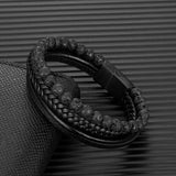 Men's Volcanic Stone Leather Bracelet Stainless Steel Magnetic Clasp