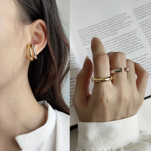 Nordic Minimalist Silver Earrings & Rings Set 925 Sterling Silver Jewelry