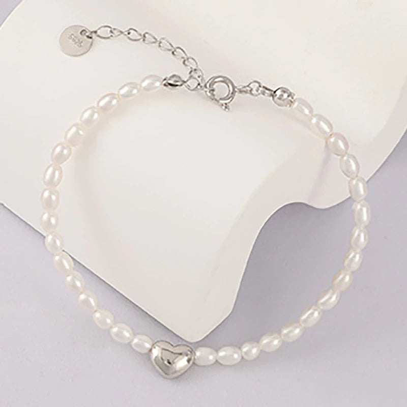 MLKENLY Freshwater Rice Bead Bracelet Golden Silver Heart Shaped Pearl Jewelry