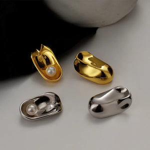 Exaggerated Silver Smooth & Pearl Stud Earrings 925 Sterling Silver