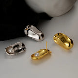 Exaggerated Silver Smooth & Pearl Stud Earrings 925 Sterling Silver