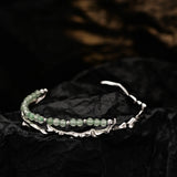Sterling Silver S925 Chinese Bamboo Bracelet with Green Dongling Jade Ball