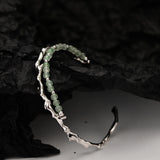 Sterling Silver S925 Chinese Bamboo Bracelet with Green Dongling Jade Ball
