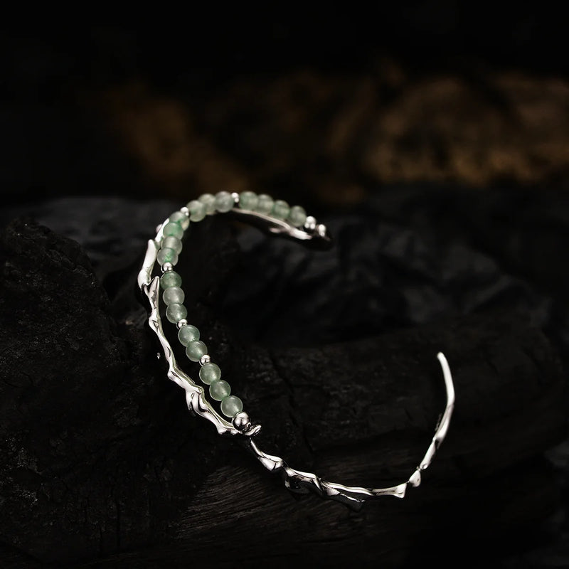 Sterling Silver S925 Chinese Bamboo Bracelet with Green Dongling Jade Ball