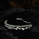 Sterling Silver S925 Chinese Bamboo Bracelet with Green Dongling Jade Ball