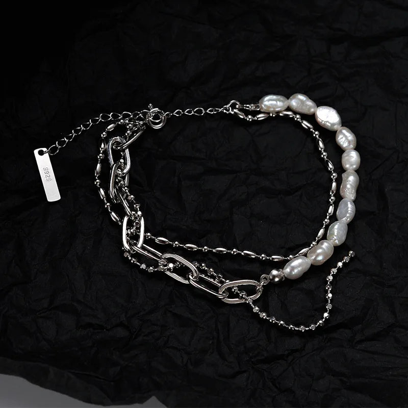 MLKENLY Punk Real S925 Sterling Silver Stone Bracelet Women's Stone Bead Chain