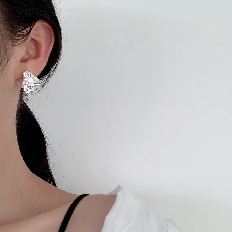 S925 Sterling Stud Earrings Textured Foil Ear Studs Wide Ear Accessories