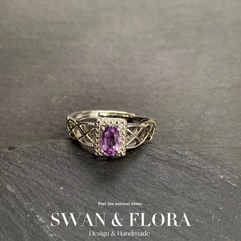MM Natural Amethyst Ring Adjustable Female Stone Ring Jewelry