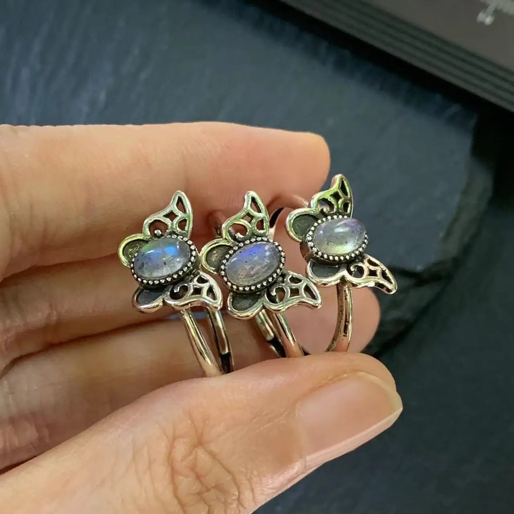 Labradorite Moonstone Ring Adjustable Butterfly Jewelry Women Gift