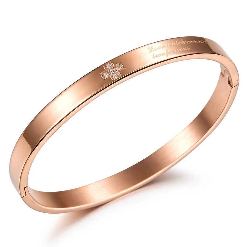 Women's Retro Cross Bangle Titanium Steel Cufflinks Jewelry Rose Plated Bracelet