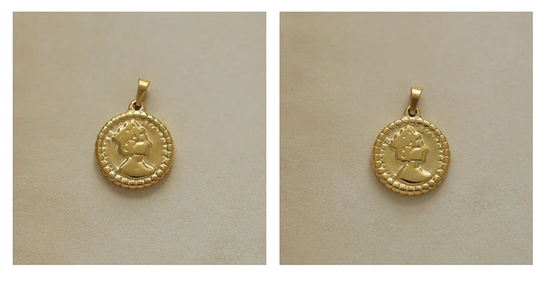 Elizabeth Coin Charm Owl Moon Key Pendant Stainless Steel Plated
