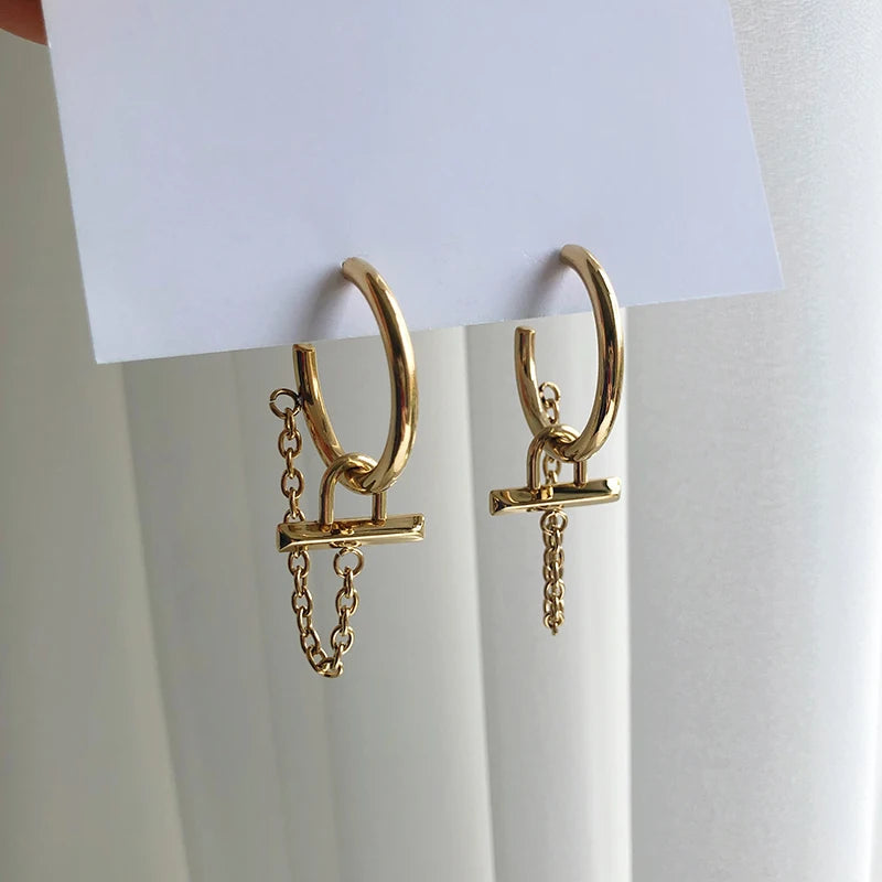 Minimalist Lock Chain Tassel Hoop Earrings Stainless Steel Earrings Woman