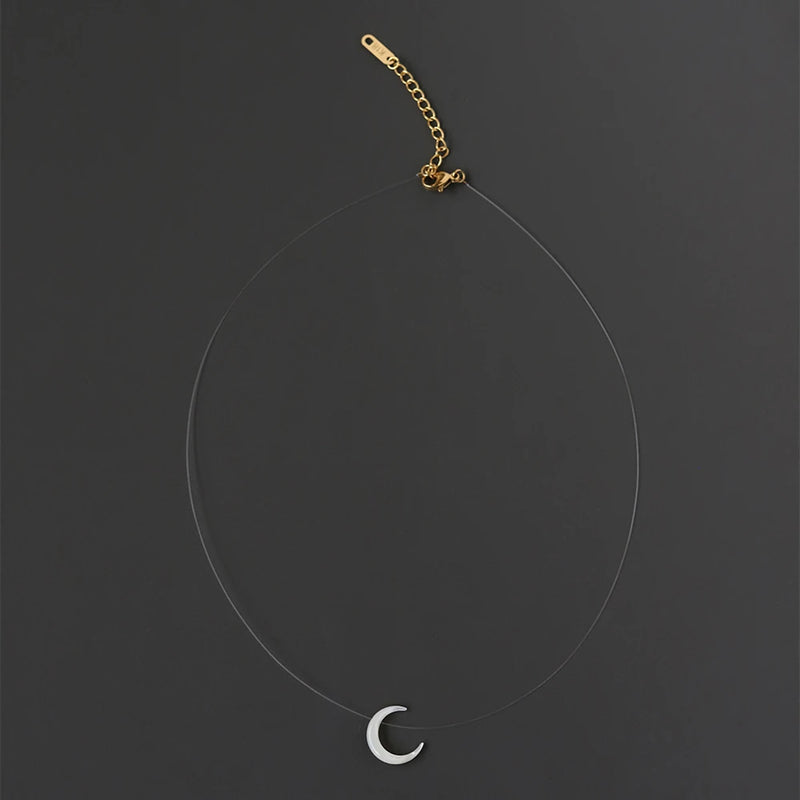 Invisible Necklace with Mother of Pearl Crescent Moon Charm