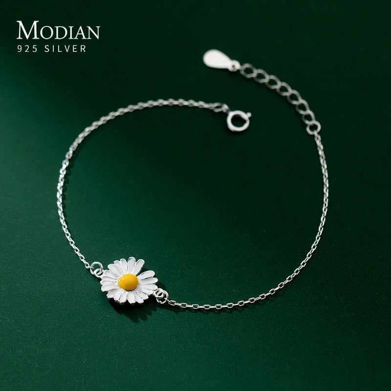 925 Silver Enamel Daisy Plant Link Bracelet Charm Chain Jewelry