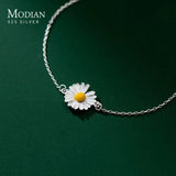 925 Silver Enamel Daisy Plant Link Bracelet Charm Chain Jewelry