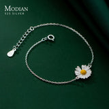 925 Silver Enamel Daisy Plant Link Bracelet Charm Chain Jewelry