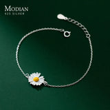 925 Silver Enamel Daisy Plant Link Bracelet Charm Chain Jewelry